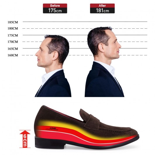 CHAMARIPA - รองเท้าส้นเตารีดแบบซ่อนสำหรับผู้ชาย - รองเท้าเสริมส้นผู้ชาย - หนังนิ่มสีน้ำตาลเพนนีโลฟเฟอร์ - สูง 6 ซม.
