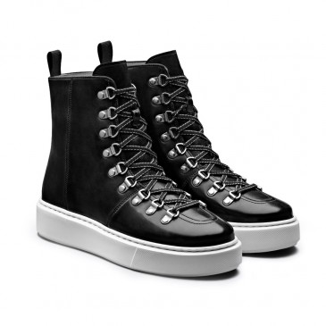 CHAMARIPA รองเท้าผ้าใบส้นเตารีดสีดำสำหรับผู้หญิง - รองเท้าบูทหุ้มข้อ - รองเท้าบูทหนังสีดำสำหรับผู้หญิงสูง 7 ซม