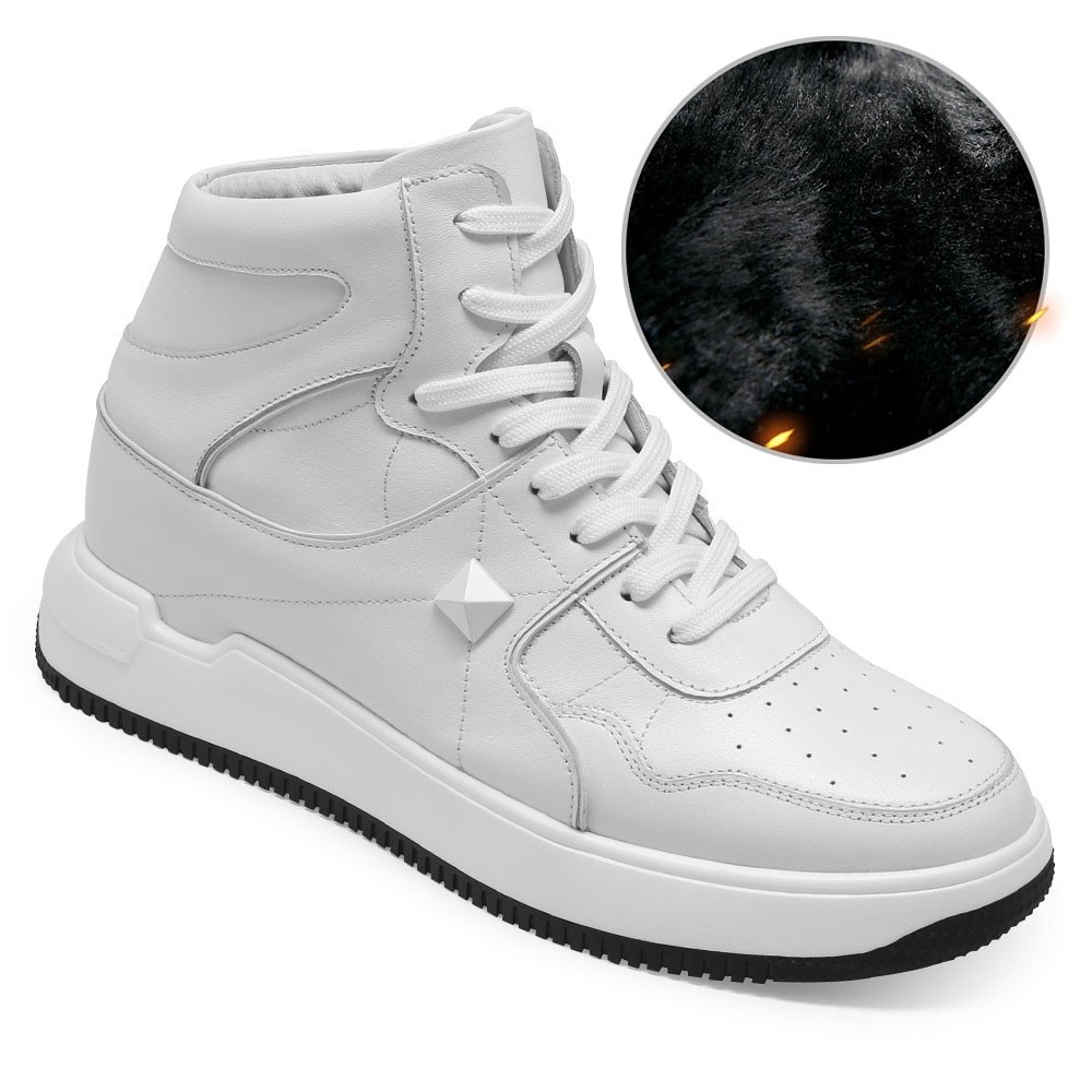 verhoogde schoenen voor mannen - Fluwelen warme winterschoenen - Witte  lederen hoge sneakers - 7CM