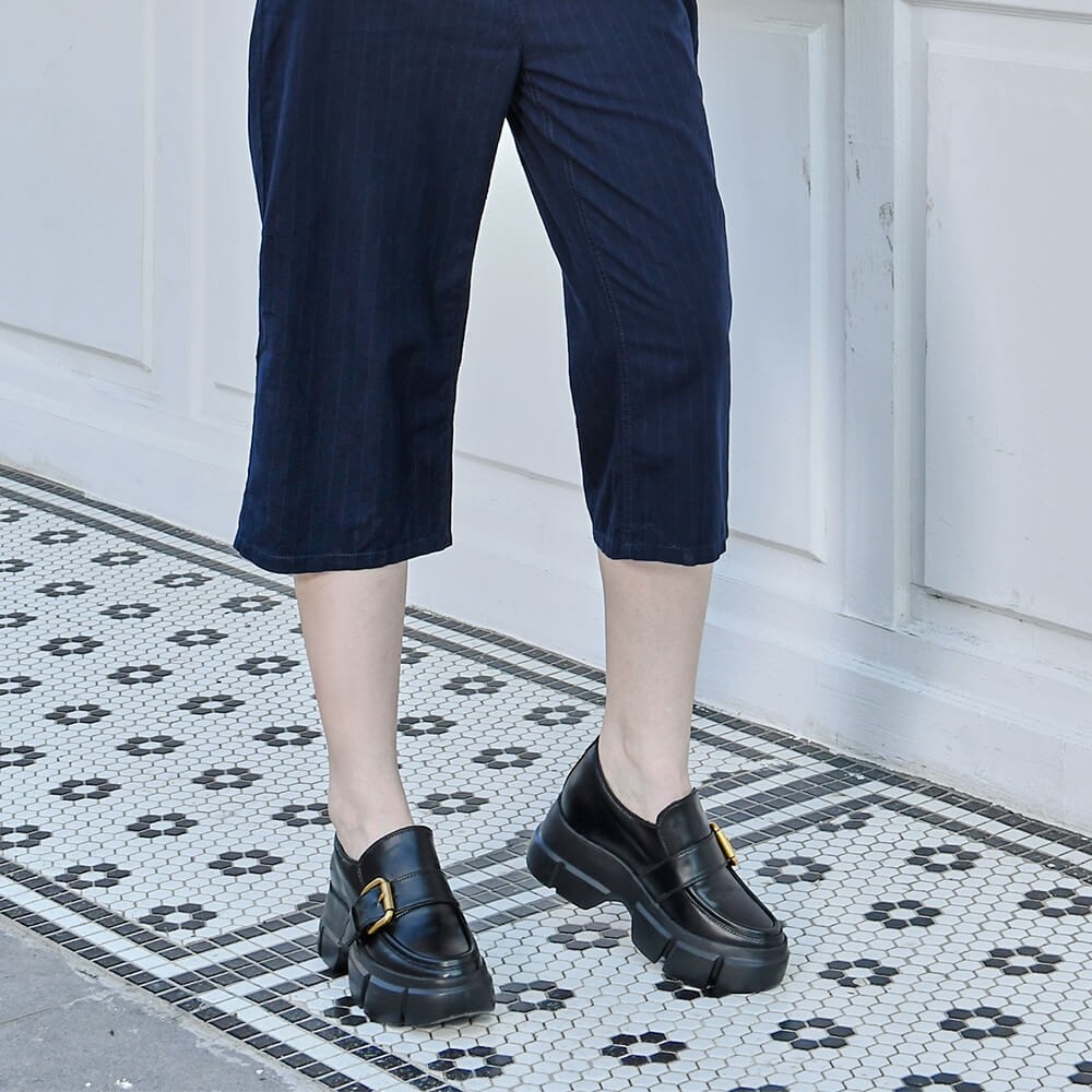 CHAMARIPA verhoogde schoenen dames zwart lederen loafers schoenen  damesschoenen met verhoogde hak 9CM - L01LA208321