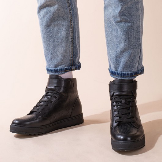 CHAMARIPA højde stigende sneakers - mænds læder high top sneakers - sort - 7CM højere