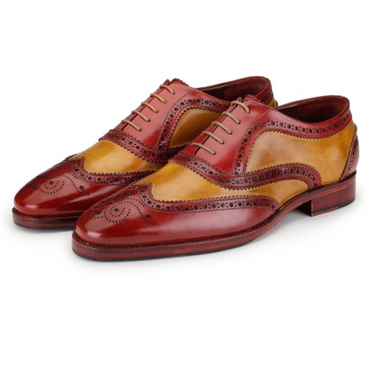 CHAMARIPA groomsmen højde stigende sko - håndlavet vingetip brogue oxford - rød & tan - 7 CM højere