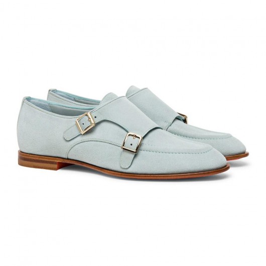 højdeøgende sko til kvinder - damesko med hæl - lyseblå ruskind Monk Strap sko 5 CM
