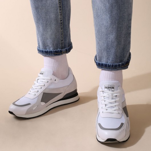 CHAMARIPA højde stigende sneakers - herre mesh/ruskind/læder sneakers - hvid/grå - 7 CM højere