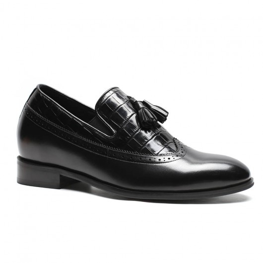 Chamaripa Herre Elevator Sko Tassel Loafer sort højde stigende glid på Brogue sko 7 CM / 2.76 tommer