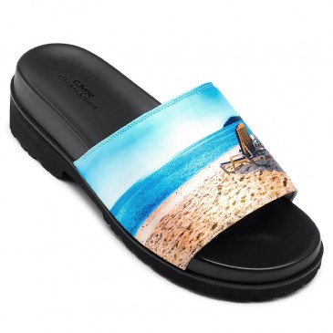 Højhælede mænds sandaler til mænd - Højdeforøgende slæder - strandmønsterglas til mænd 6 CM