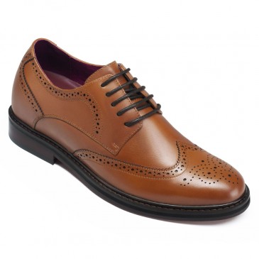 skjulte hæle sko herre - kjole sko, der gør dig højere - brun patina læder derby brogues 6 CM