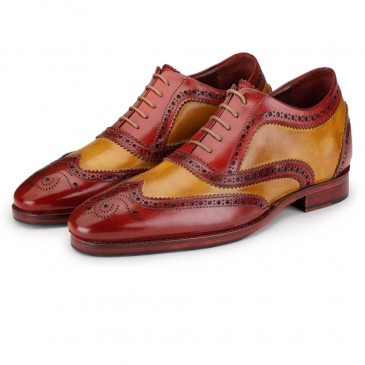 CHAMARIPA groomsmen højde stigende sko - håndlavet vingetip brogue oxford - rød & tan - 7 CM højere