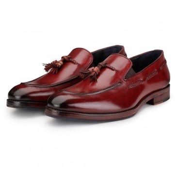 CHAMARIPA højde stigende sko der tilføjer højde - håndlavede kvast loafers - vin rød - 7CM højere