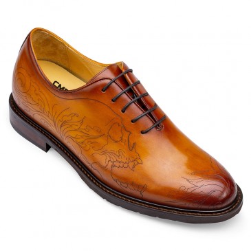 Elevatorsko til mænd - håndmalede læder højere sko - brun kranium Gravering mønster hævede sko 6 CM