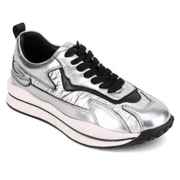 CHAMARIPA højdeforøgende sneakers med skjult hæl til kvinder sølv læder sneakers 5 CM