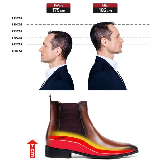 chaussure compensée homme - Chaussures élévatrices pour hommes Chaussures habillées augmentant la hauteur Bottines Chelsea marron 7 CM Plus Grand
