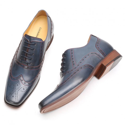 chaussure talon homme - chaussures à talons cachés pour hommes chaussures habillées Oxford à bout d'aile bleues 7 CM Plus Grand
