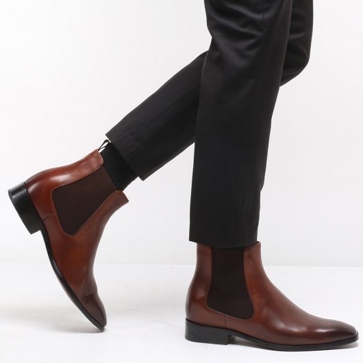 chaussure compensée homme - Chaussures élévatrices pour hommes Chaussures habillées augmentant la hauteur Bottines Chelsea marron 7 CM Plus Grand