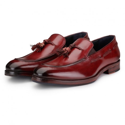 CHAMARIPA chaussure rehaussante homme - mocassins à glands fabriqués à la main - rouge vin - 7CM plus grand