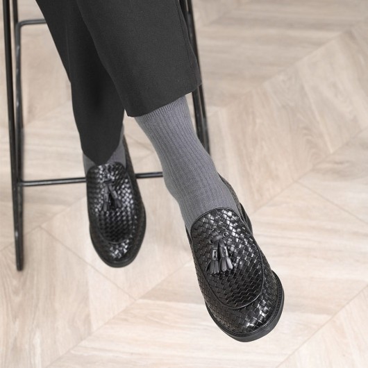 CHAMARIPA chaussure homme talon invisible - chaussures rehaussantes - noir cuir tressé flâneurs 8 CM plus grand