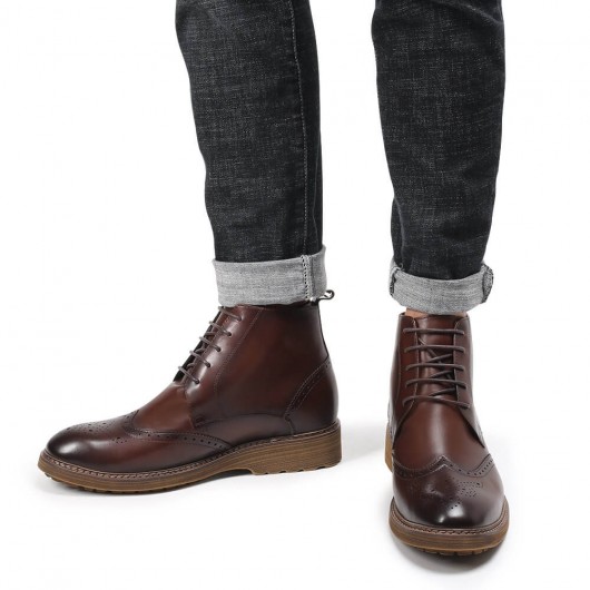 chaussure rehaussante - Chaussures augmentant la hauteur pour hommes Bottes en cuir de couleur café pour hommes 7 CM Plus Grand