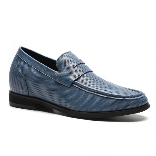 Tall Hommes Chaussures Bleu Taille Augmenter Slip Penny Loafer Chaussures En Cuir Perforé 7 CM