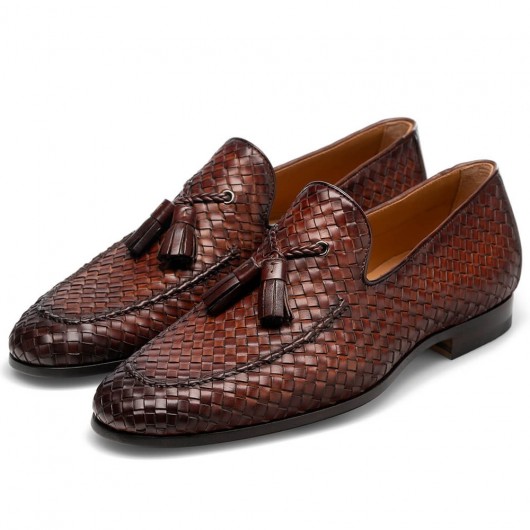 chaussure compensée homme - Mocassins à pampilles en cuir tissés à la main marron Chaussures habillées à talons hauts 7 CM Plus Grand
