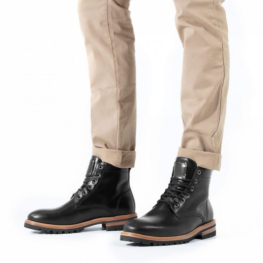 chaussure homme talon invisible - bottes doublées de fourrure pour hommes - bottes en cuir chaudes d'hiver noires pour paraître plus grandes 7CM