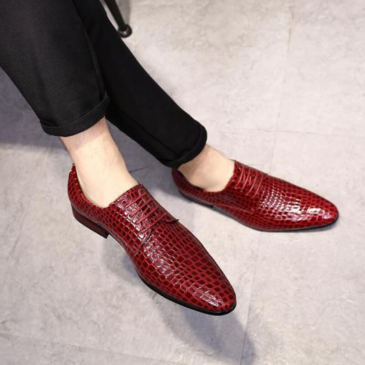 chaussure rehaussante - Talon Haut Hommes Chaussures Habillées Motif De Crocodile De Luxe À Lacets Chaussures Oxfords Rouge 7 CM Plus Grand