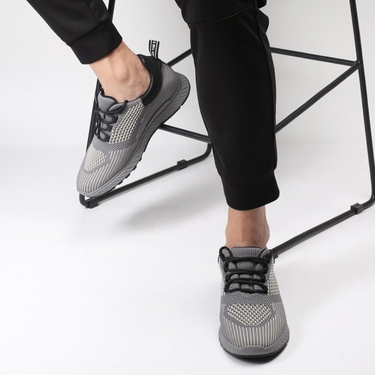 chaussure compensée homme - baskets montantes en tricot gris chaussures d'entraînement respirantes à lacets 6 CM Plus Grand