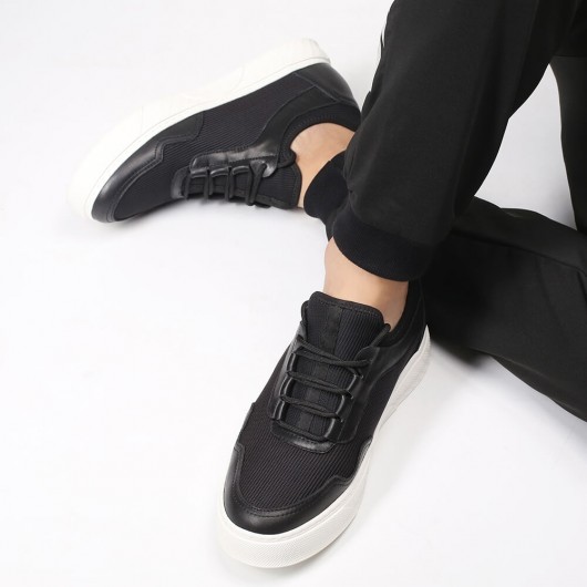 chaussure compensée homme - Chaussure augmentant la hauteur du tissu noir Chaussures de tennis 6 CM Plus Grand