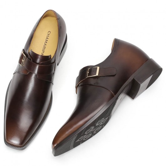 chaussure compensée homme - Chaussures montantes brunes Mocassins en cuir à lanière en cuir pour hommes 8 CM Plus Grand