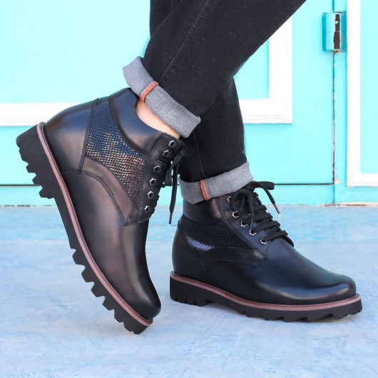 Bottes en cuir noires à hauteur croissante chaussures 9 cm