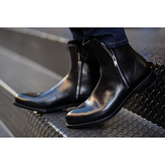 chaussure talon homme - bottes pour hommes à talons hauts bottes en cuir noir avec fermeture à glissière 7 CM Plus Grand