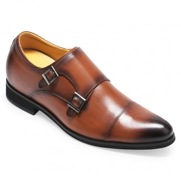 chaussures grandissantes pour homme - moine chaussures habillées pour hommes en cuir de veau marron 7 CM Plus Grand