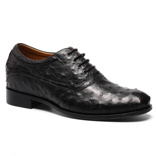 Luxury Height Increasing Shoes for Men Ostrich leather Elevator Shoes Black 7.5 CM / 2.95 Inches