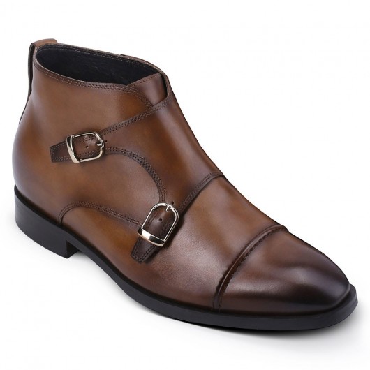 zapatos hombre con alzas - zapatos con tacon hombre - Botas de piel de becerro marrón con doble hebilla - 7CM más alto