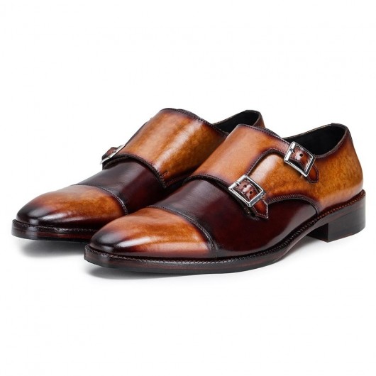 CHAMARIPA zapatos con alzas para hombres - Hecha a mano con doble correa de monje en la puntera - tostado y marrón - 7 CM más alto