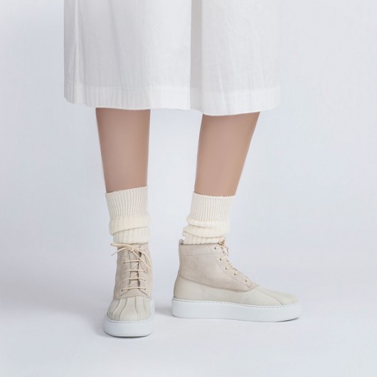 CHAMARIPA botas de zapatilla de cuña para mujer - zapatillas de deporte de cuña alta - bota gruesa de gamuza beige 7 CM más alto