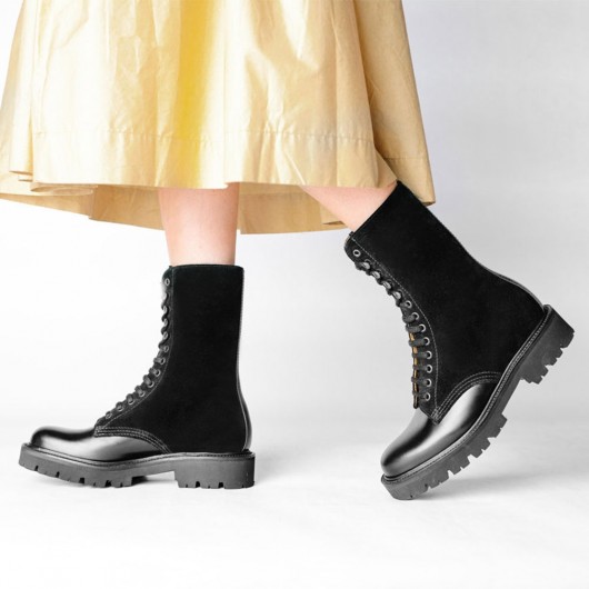 CHAMARIPA botas de cuña de mujer - botas de cuña de plataforma negra - botas derby gruesas de cuero 7 CM más alto