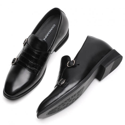 Zapatos brillante cocodrilo doble negros - Monk ocultos talón mocasines para hombre - 7 CM Más Alto