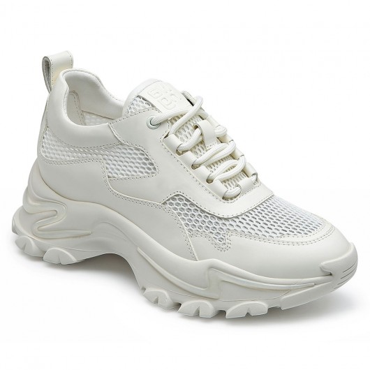 CHAMARIPA zapatillas de cuña para mujer - zapatillas tenis de cuña - zapatillas blancas de piel y malla 7 CM más altas