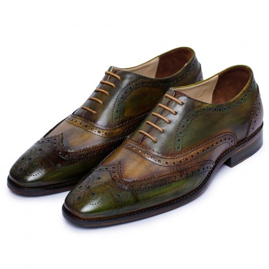 Chamaripa zapatos con alzas para hombres  - Oxford brogue con punta de ala - verde - 7 CM Más Alto
