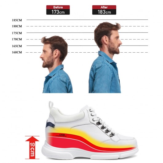 Zapatos de Aumento de Altura Hombres Blanco - Zapatillas Cuero de Deporte - 10 CM Más Alto