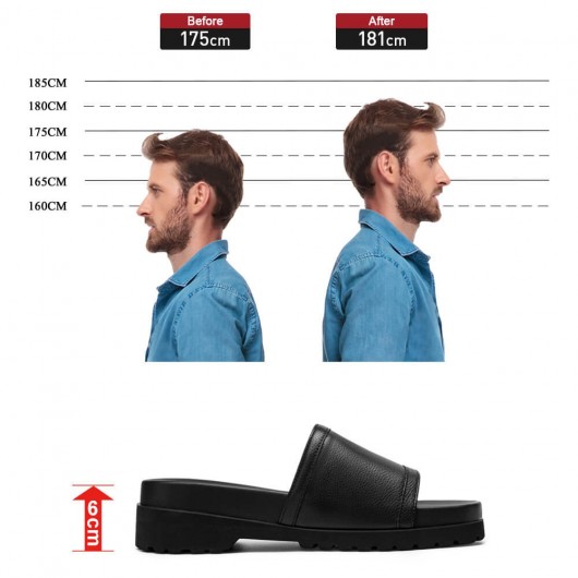 Chancleta de Cuero con Tacón Alto Negras - Zapatillas con Aumento de Altura Informales de Moda - 6 CM Más Alto