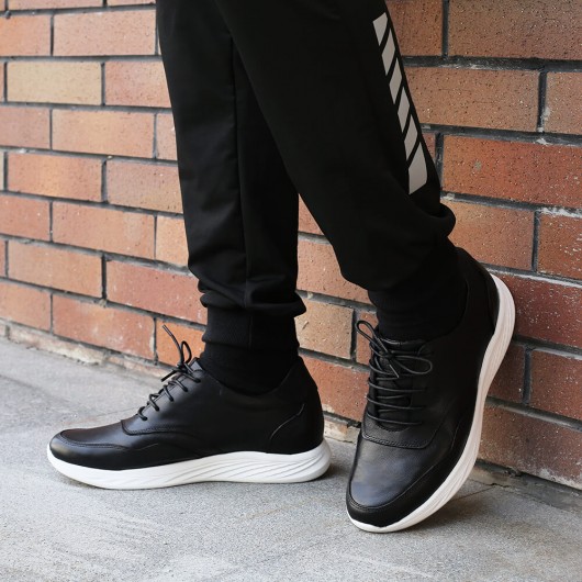 Zapatillas de deporte hombres Negras - Zapatillas casuales que agregan altura de cuero - 7 CM Más Alto