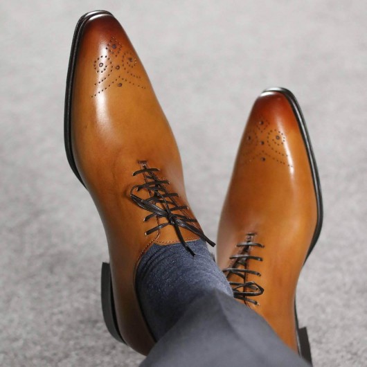 Chamaripa Zapatos de vestir que aumentan la altura Zapatos de vestir de tacón alto para hombres Zapatos de tacón entero Oxford Brogue Marrón 7 CM / 2.76 pulgadas