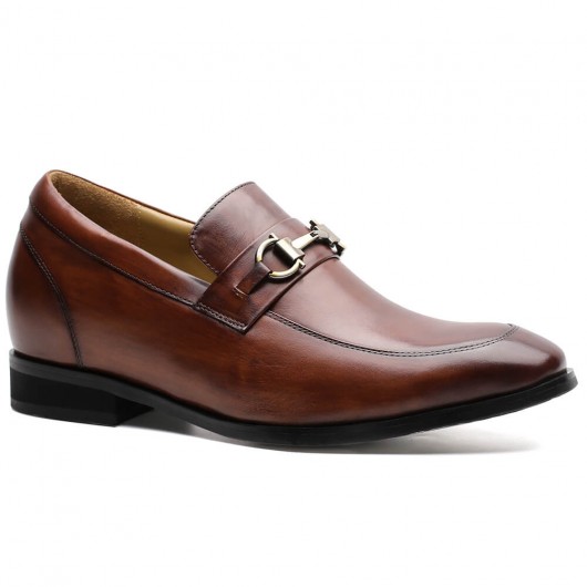(40 días de fabricación de calzado) Chamaripa Zapatos de mocasín con tacón oculto Zapatos de elevación para hombres Zapatos de aumento de altura de cuero marrón 7 CM / 2.76 pulgadas