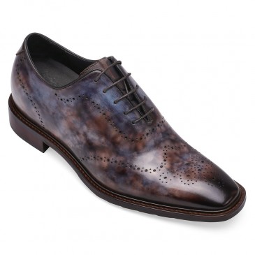 zapatos con alzas hombres - zapatillas con alzas para hombre - Oxfords lisos piel azul pátina 8CM