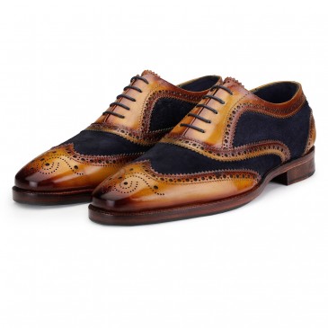 CHAMARIPA zapatos con alzas para hombres - Oxford Brogue con punta de ala artesanal - Ante azul marino - 7 CM más alto