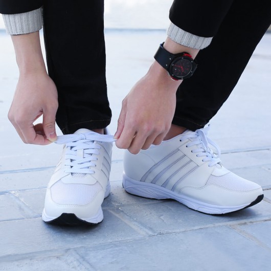 أحذية رياضية للرجال الارتفاع زيادة أحذية رياضية جلدية بيضاء أحذية عالية الكعب 8.5 سم