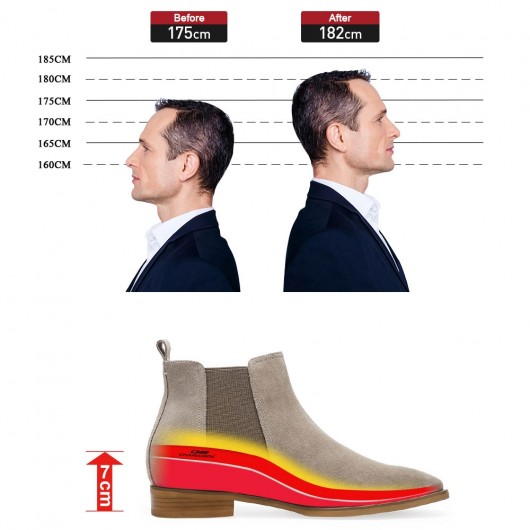 Chamaripa - أحذية رياضية مصعد للرجال - أحذية زيادة الارتفاع - جزمة من الجلد السويدي الكاكي - أطول 7 سم