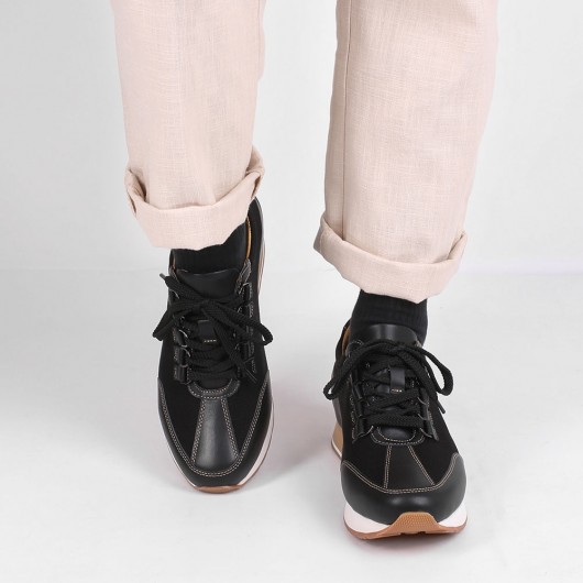 CHAMARIPA أحذية رجالية عالية الكعب مخفي أحذية سوداء قماشية / جلدية أحذية غير رسمية للأعمال بطول 7 سم