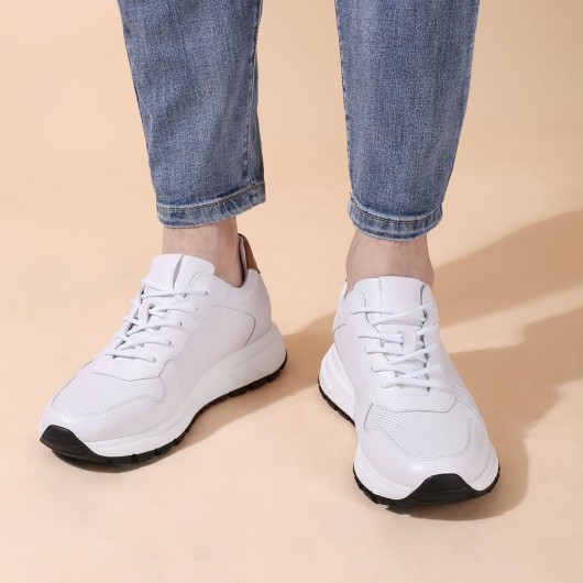 CHAMARIPA حذاء كعب مخفي للرجال - حذاء مصعد - حذاء رياضي جلد أبيض - ارتفاع 7 سم